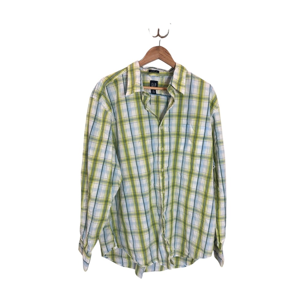 GAP Mens XXL Classic Fit Plaid Long Sleeve Button Up Shirt Green Blue‎ Preppy